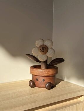 Handcrafted Wooden Flower Pot Figurine — Natural & Dark Wood